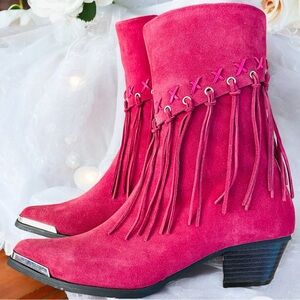 Fuchsia Suede Fringe Ankle Booties
